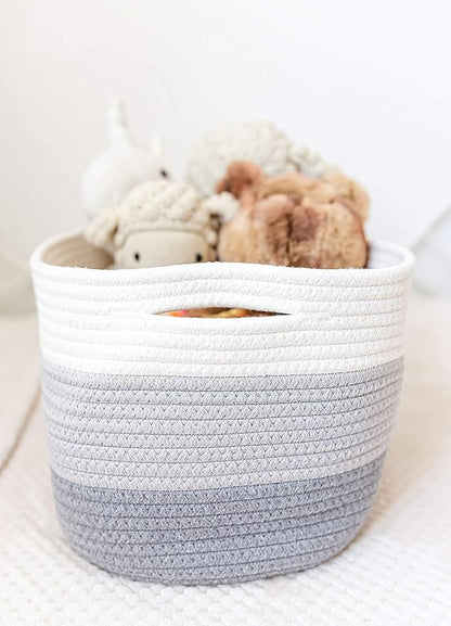3-Toned Gray Cotton Rope Baskets for Shelves, Set of 3-15"×10"×9½" - Woven Storage Baskets for Organizing - Closet, Nursery, Bedroom, Playroom - Toys, Books, Towels, Clothes