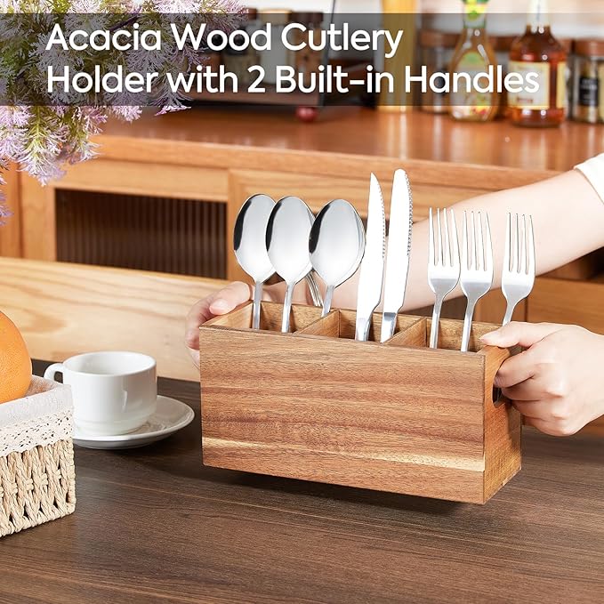 VIVIRBIEN Acacia Wooden Silverware Holder, Kitchen Utensil Caddy with 3 Compartments, Cutlery Storage Organizer Countertop, Flatware Organizer for Party, Spoon, Fork Holder