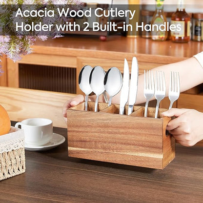 VIVIRBIEN Acacia Wooden Silverware Holder, Kitchen Utensil Caddy with 3 Compartments, Cutlery Storage Organizer Countertop, Flatware Organizer for Party, Spoon, Fork Holder