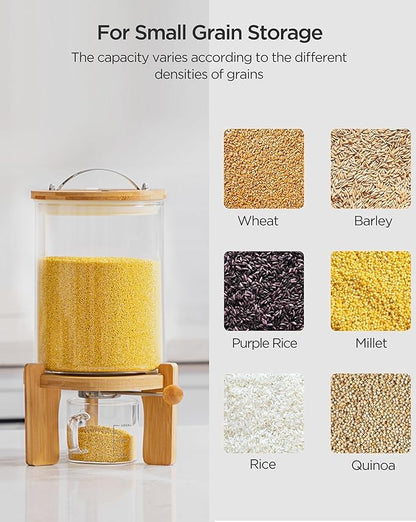 HBlife 5-7 Lbs Glass Rice Dispenser with Wooden Stand Flour and Cereal Container with Glass Measuring Cup Pantry Food Organization Storage Bin with Airtight Bamboo Lid, 3L (2 Pack)