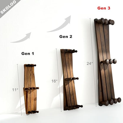 SKOLOO Large Hat Rack for Wall, Wooden Accordion Wall Hanger, Modern, Expandable Coat Hooks, Hat Display Rack for Home, Office, and Studio, 11 Peg, Walnut