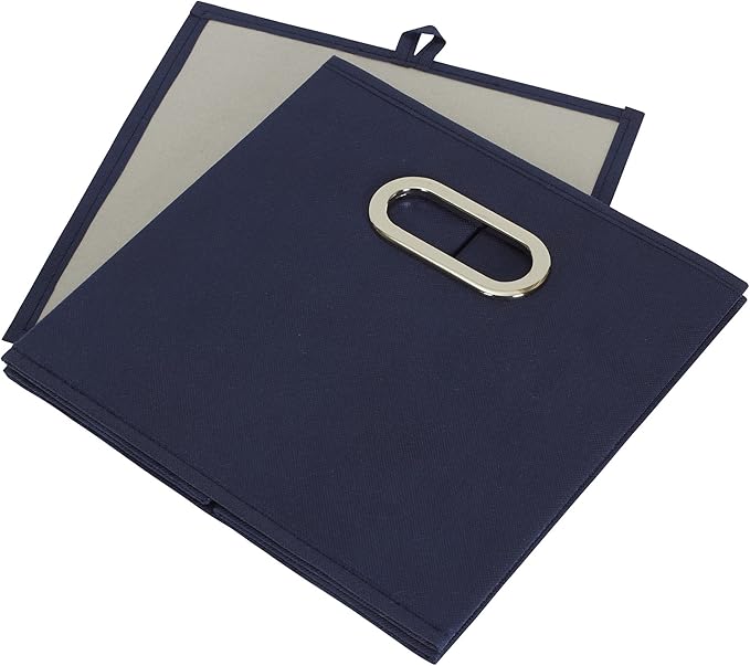 Household Essentials Fabric Storage Bins 6 Piece Set, Strong Poly-Woven Fabric, Sturdy Chipboard Sides, Grommet Front Handle, Stackable and Foldable, Classic Design, Navy