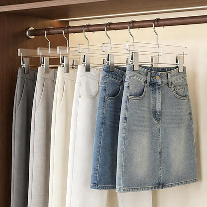 Besser Acrylic Pants Hanger 10 Pcs,Clear Acrylic Hangers with Bright Silver Clips，Lxurious Skirt Pants Hangers Clips for Clothing Closet Storage