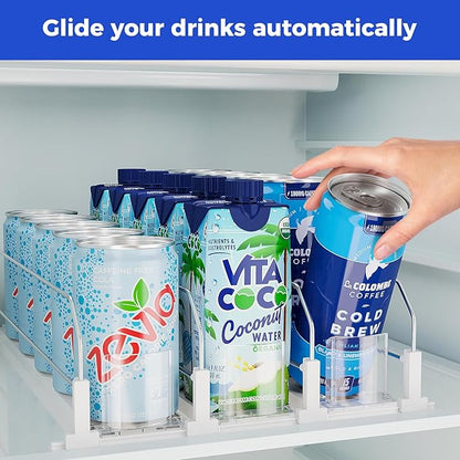 Puricon Drink Organizer for Fridge - Spring Loaded Pusher Glide, Self Pushing Soda Can Dispenser, Beer Bottle Beverage Holder for Refrigerator - 3 Rows, White