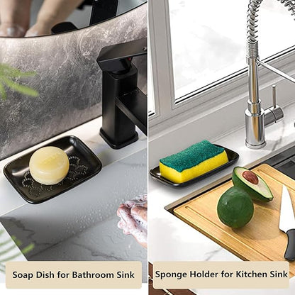 Gomakren Ceramic Soap Dish with Raised Scalloped Design, Versatile Soap Holder & Tray for Bathroom and Kitchen Sink, Prevents Soggy Soap, Modern Decor, Easy to Clean, Black (5.59" x 4.02")