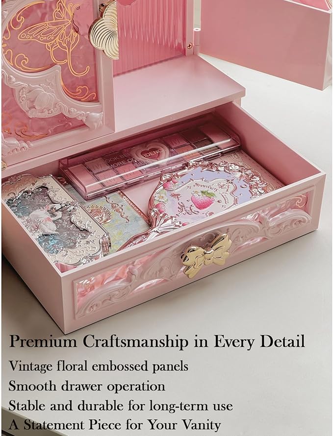 Lighted Vanity Makeup Organizer with Mirror, Large Vintage Cosmetic Storage Box with Drawers, Waterproof Dustproof Skincare & Beauty Organizer for Bathroom Counter, Gift for Women (Pink)