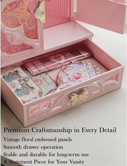 Lighted Vanity Makeup Organizer with Mirror, Large Vintage Cosmetic Storage Box with Drawers, Waterproof Dustproof Skincare & Beauty Organizer for Bathroom Counter, Gift for Women (Pink)