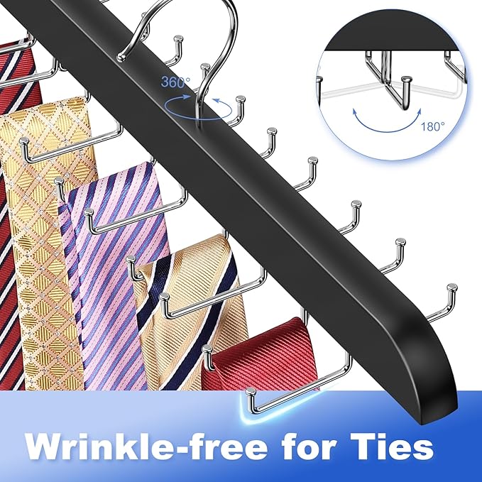 RESOVO Upgraded Tie Rack Hanger with 20 Foldable Metal Hooks, Space Saving Necktie Organizer for Men – Large Capacity Tie and Belt Wooden Hanger for Closet - Black 2 Pack