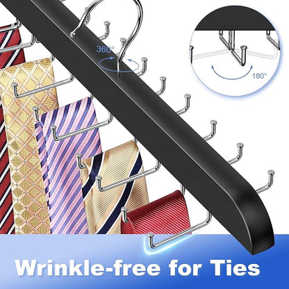 RESOVO Upgraded Tie Rack Hanger with 20 Foldable Metal Hooks, Space Saving Necktie Organizer for Men – Large Capacity Tie and Belt Wooden Hanger for Closet - Black 2 Pack