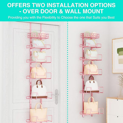 HapiRm Over Door Purse Organizer - Adjustable Purse Storage Rack with Bags Design Metal Basket, Wall Mounted Handbag Organizer, Hanging Handbag Holder, Can Use As 1/2 Part Detachable