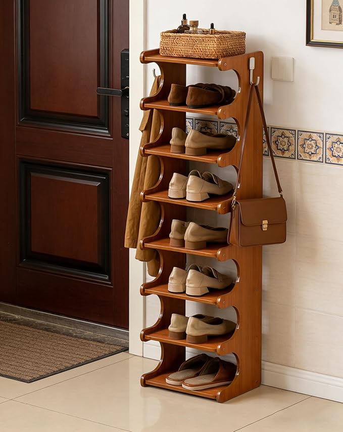 Tall Narrow Solid Wood Shoe Rack, 8 Tier Vertical Shoe Storage Tower, Freestanding Corner Organizer for Small Entryways, Slim Space-Saving Shoe Rack (12.6" L x 9.84" W x 44.1" H)
