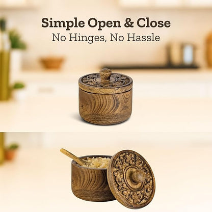 Mie Creations Rustic Salt Box Cellar with Hand Carved Lid & Spoon, Wooden Salt Pinch Bowls | Wood Salt Pepper Keeper, Spice Bowls for Cooking, Sugar Holder for Kitchen, Christmas Thanksgiving Decor