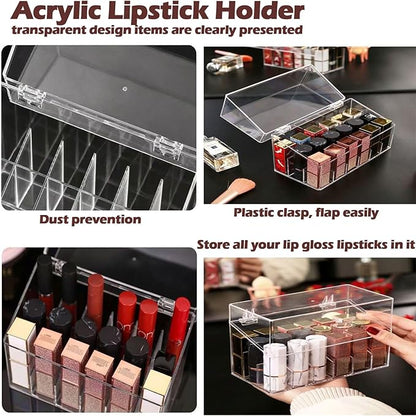 Lipstick Holder Display Case, 18 Slots Acrylic Organizer with Dust Cover, Lip Gloss Holder and Case for Vanity or Drawer, Cosmetic Display and Lipstick Storage Organizer