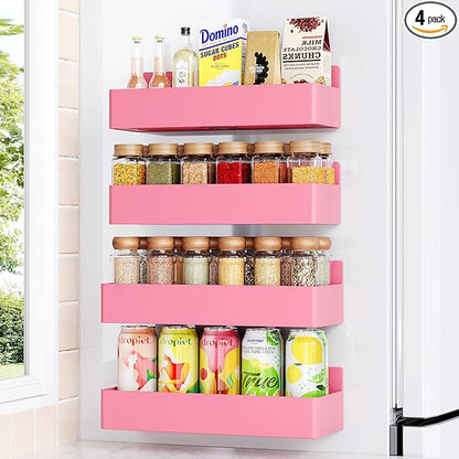 Mystozer Magnetic Spice Rack for Refrigerator, Kitchen Organizer and Storage Shelf, Pink(4 Pack)