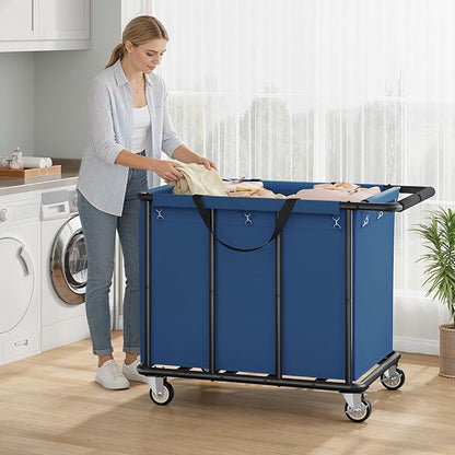 FAVOOSTY 470L Heavy Duty Commercial Laundry Cart with Wheels,Industrial Rolling Laundry Hamper, Extra Large Laundry Basket, Metal Frame for Hotel/Hospital/Home, 440lbs (Blue)