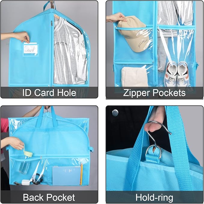 Zilink Clear Dance Costume Bags 40 Inch Garment Bag for Boys Girls with 5 Clear Zipper Pockets for Dance Costumes Closet Storage, Blue
