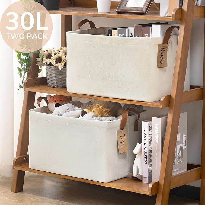 CHICVITA 2-Pack Large Storage Baskets for Shelves, Fabric Storage Bins with Metal Frame, Closet Organizers and Storage Boxes for Clothes Toy, Beige