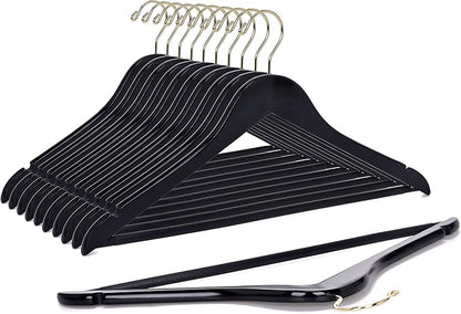 Quality Wooden Hangers - Slightly Curved Hanger 90 Pack Sets - Solid Wood Coat Hangers with Stylish Chrome Hooks - Heavy-Duty Clothes, Jacket, Shirt, Pants, Suit Hangers(Black - Gold Hook, 90)