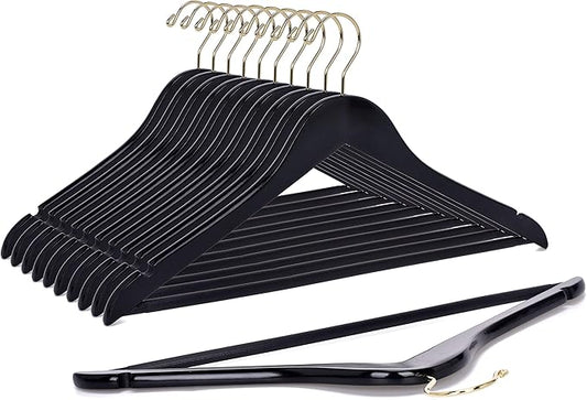 Quality Black Wooden Hanging Set - Curved Hangers with Stylish Chrome Hooks (Heavy-Duty, 10-Pack)
