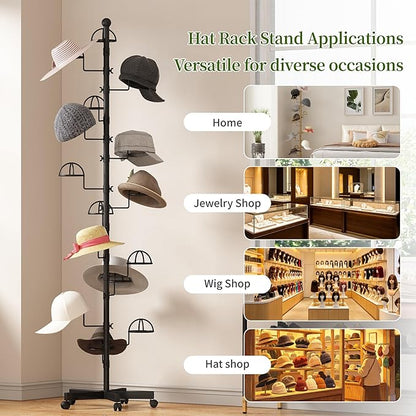 Hat Rack with 15 Circular Hooks Floor Hat Stand Freestanding Hats Rack Stand Adjustable Metal Hats Tree Organizer Rack Display Standing Suitable for Home Store Commercial, Black