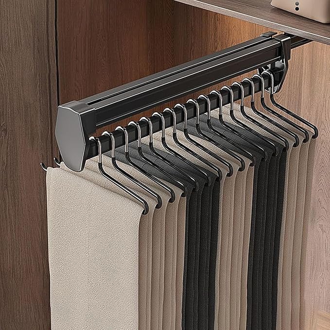 Pull Out Valet Rod for Pants Hangers, Top Mounted Adjustable Sliding Closet Rail, Made of Aluminum Alloy, Smooth Pull-Out, Heavy Duty Trouser Rack Bar for Skirts, Shirts