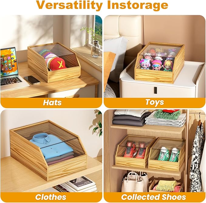 Wooden Hat Organizer Box for Baseball Caps, Hats Holder Box with Pullable Acrylic Lid Large Cap Storage for Closet Countertop (charcoal color)