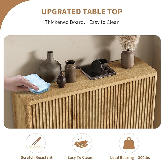 Modern Entryway Shoe Storage Cabinet – 46 Inch Wooden Organizer with Adjustable Shelves, Fluted Door, Holds 30-35 Pairs, Space-Saving Hallway Furniture, Natural Wood Color
