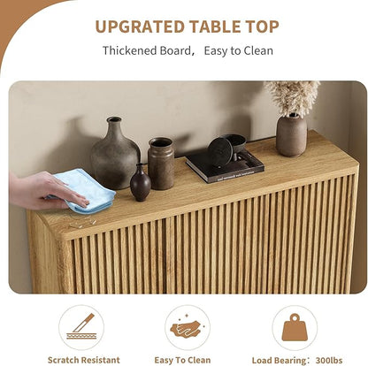 Modern Entryway Shoe Storage Cabinet – 46 Inch Wooden Organizer with Adjustable Shelves, Fluted Door, Holds 30-35 Pairs, Space-Saving Hallway Furniture, Natural Wood Color