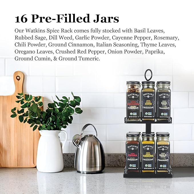 Watkins Countertop Two Tier Rotating Spice Rack, Includes 16 Watkins Organic Spices (16608)