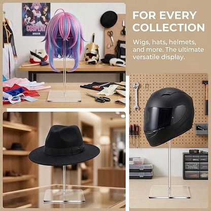 Clear Hat Display Stand 12 Inch, Acrylic Wig Stand for Wigs, Baseball Caps, Fedoras & Lightweight Hats, Medium Tabletop Holder for Closet, Salon, Boutique