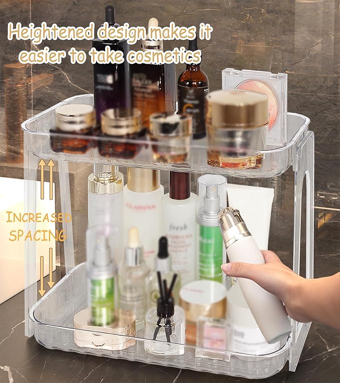 VNIMTI Skincare Organizers 2 Tier, Makeup Organizer Countertop, Cosmetic Display Cases, Makeup＆Skincare Organizer for Vanity, Desktop, Bathroon, Ideal for Women (Free Standing - Clear)