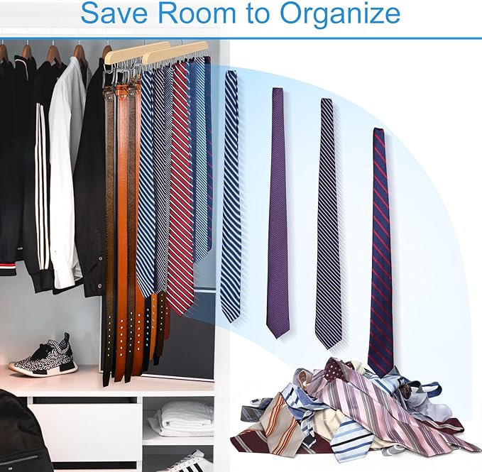 Belt Hanger for Closet Max 42 Belts, Sturdy Wood Belts Rack Closet Accessories with 14 Hooks Belt Organizer for Men Organizers and Storage -Wood 1 Pack