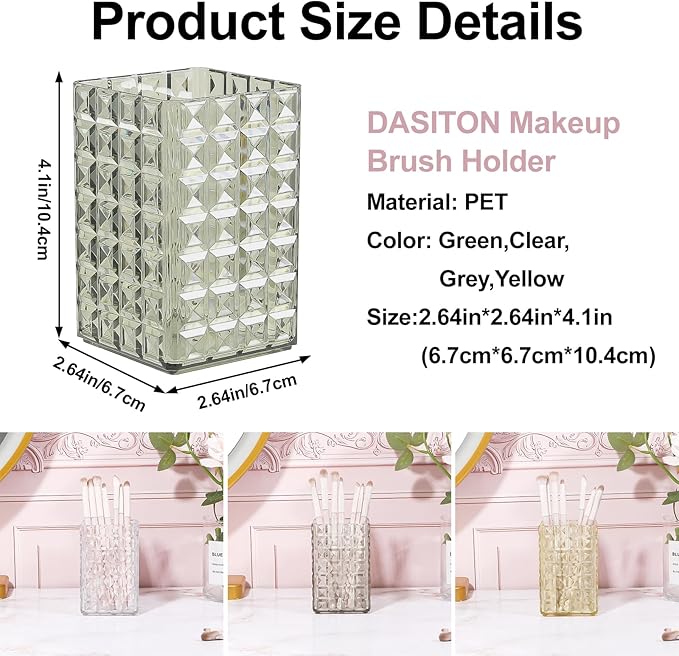 DASITON Makeup Brush Holder Organizer, Acrylic Makeup Brush Cup, Diamond Striped Make Up Brush Holder for Vanity, Bathroom Countertop, Toothbrush Holders, Pen Holder for Desk Storage (Green)
