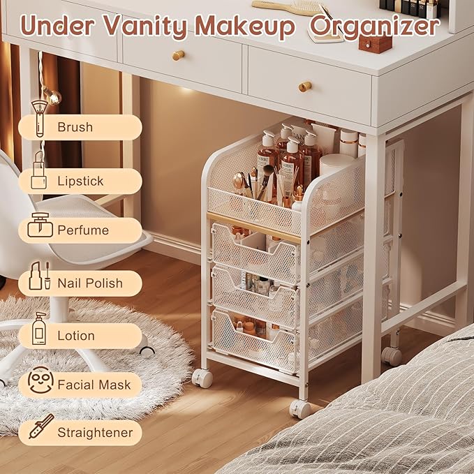 Hongtamoya Rolling Makeup Cart Organizer with 3 Drawers, Narrow Floor Skincare Organizers, Cosmetics Display Cases Vanity Organizer for Skin Care Nail Polish Perfume Makeup Brush, White