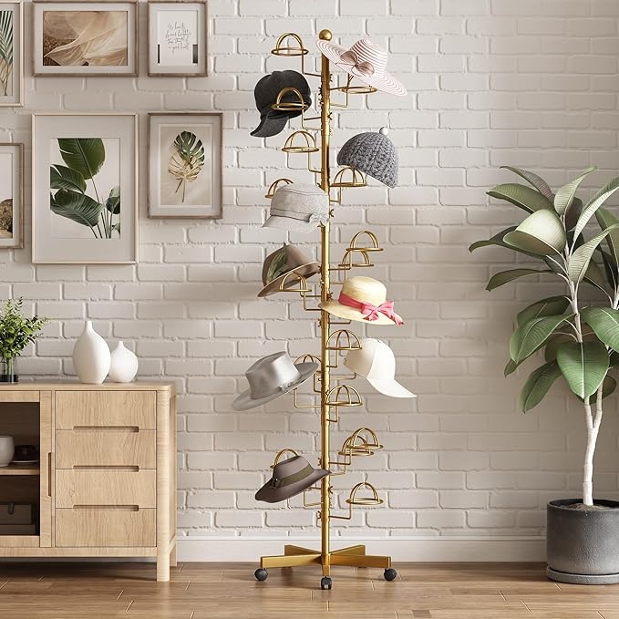 Freestanding Hats Rack Stand with 25 Customizable Circular Hooks Metal Hat Rack Hats Tree Organizer Rack Display Standing Floor Hat Stand for Home Store Commercial, Gold