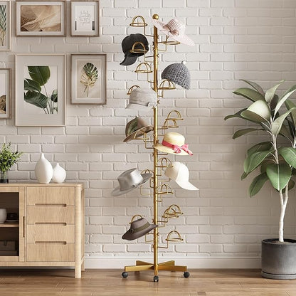 Freestanding Hats Rack Stand with 25 Customizable Circular Hooks Metal Hat Rack Hats Tree Organizer Rack Display Standing Floor Hat Stand for Home Store Commercial, Gold