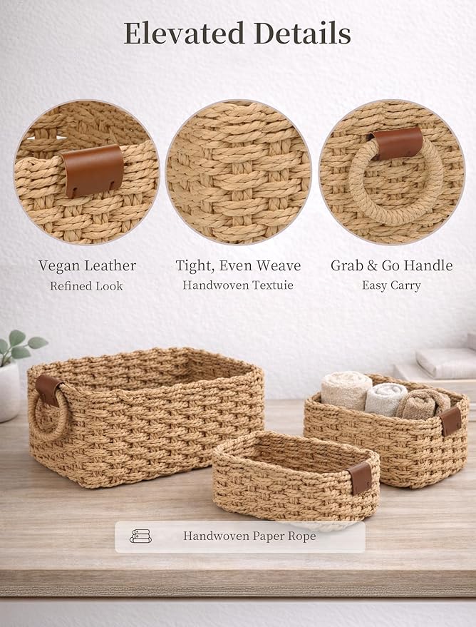 Storage Basket, Recycled Paper Rope Basket Organizer, 3Pcs Small Baskets for Organizing, Mini wicker Basket for Decorative Storage Bins, Shelves, Cabinet - Brown
