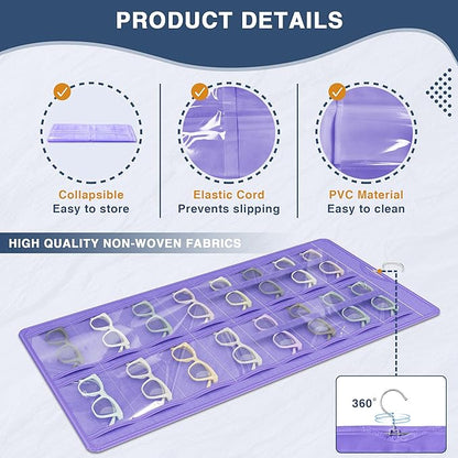 Hanging Sunglasses Organizer and Storage, Dual-Sided Sunglasses Case and Jewelry Holder, Wall-Mounted, 32 Clear Slots, Dust-Proof, Roof Design for Travel, Purple
