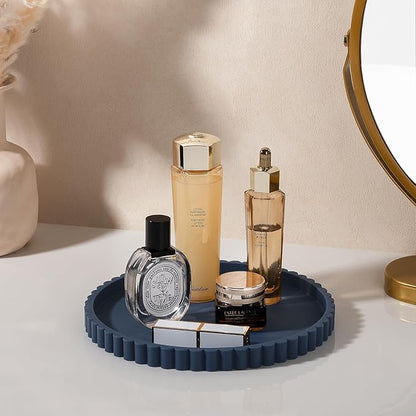 Round Bathroom Tray Silicone Kitchen Counter Decor Vanity Organizer Decorative Coffee Table Tray for Perfume, Candle, Soap Dish, 9 Inch, Dark Blue