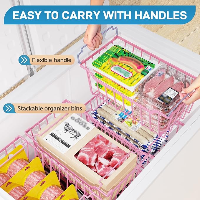 SUNALLY Freezer Organizer Bins, 4 Pack Stackable Chest Freezer Organizer for 5-7 Cu.FT Deep Freezer Sort Frozen Meats and Food, Freezer Storage Baskets with Handles Easy Reach from Bottom, Pink