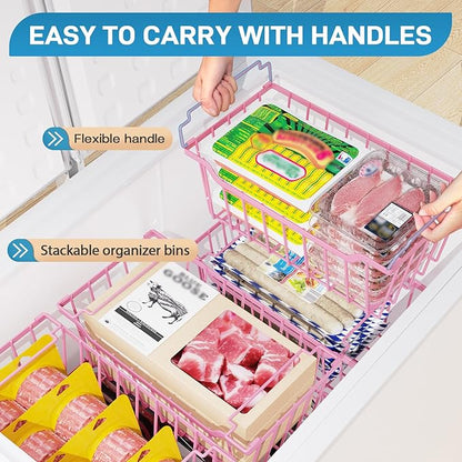 SUNALLY Freezer Organizer Bins, 4 Pack Stackable Chest Freezer Organizer for 5-7 Cu.FT Deep Freezer Sort Frozen Meats and Food, Freezer Storage Baskets with Handles Easy Reach from Bottom, Pink
