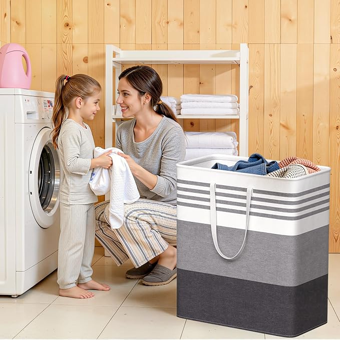 WOWBOX 2 Pack Laundry Hampers Baskets, Freestanding Dirty Clothes Hampers with Reinforced Handles & Cross Stitch & Waterproof Coating, for Laundry Bedroom Bathroom, 2 x 100L