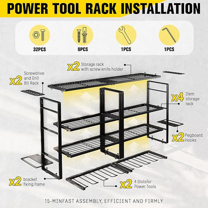 Hipidian Power Tool Organizer Wall Mount - Storage Rack with 4 Drill Holders for Drills Cordless Tools. Heavy Duty Iron Garage Tool Organizer Storage for Workshop Shed (4 Slots 4 Layers 2 Pcs)