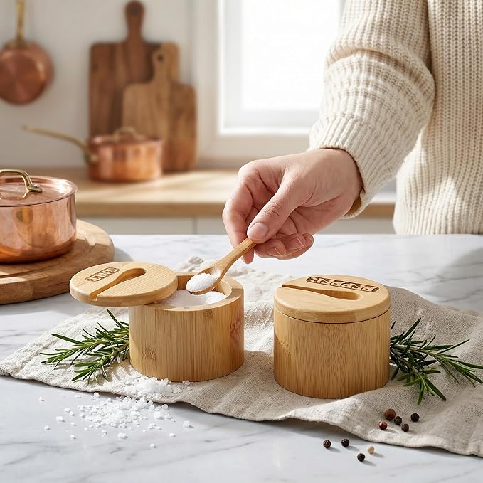 Lawei 2 Pack Bamboo Salt and Pepper Bowls, Round Salt Container with Magnetic Swivel Lids and Spoons, Bamboo Salt Cellars, Seasoning Storage Holder Box for Salt, Pepper, Sugar, Spice