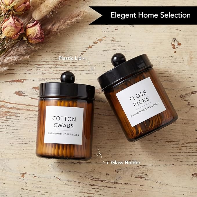 Amolliar Amber Glass Qtip Holder, Apothecary Jars with Black Plastic Lid & Stickers-Bathroom Qtip Dispenser Storage Organizer Set, Vanity Counter Cantainer for Cotton Swabs,Round Floss (4 Pack)