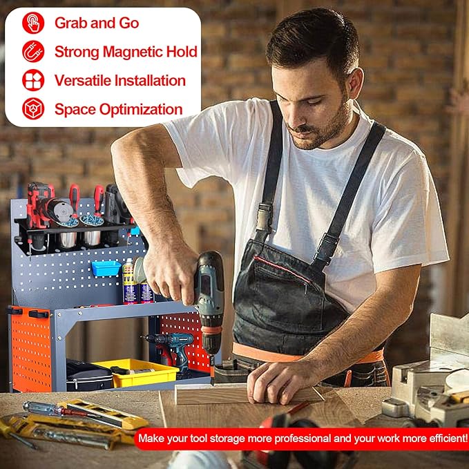 Magnetic Power Tool Organizer Rack - Heavy Duty Metal Organizer Rack for Cordless Drill,Screwdriver,Screw with 4 Stainless Steel cup for Tool Cart,Pegboards,Workbench,Garage,Toolbox