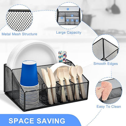 Paper Plate Holder for Countertop,Paper Plate Dispenser,Metal Silverware Caddy with 6 Compartments,Picnic and Camping Utensil Holder for Plates Cups Napkins Forks Knives Spoons-Black