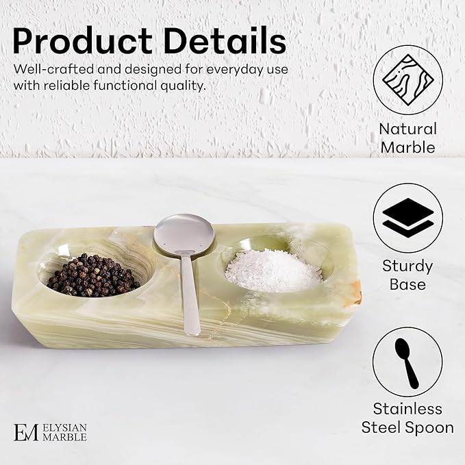 Marble Salt and Pepper Dish with Spoon, Handcrafted Double Spice Tray with 2 Compartments, Natural Stone Condiment Dish for Cooking Prep and Serving - Green Onyx