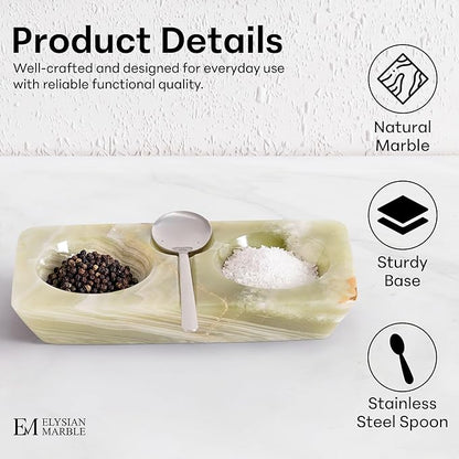 Marble Salt and Pepper Dish with Spoon, Handcrafted Double Spice Tray with 2 Compartments, Natural Stone Condiment Dish for Cooking Prep and Serving - Green Onyx