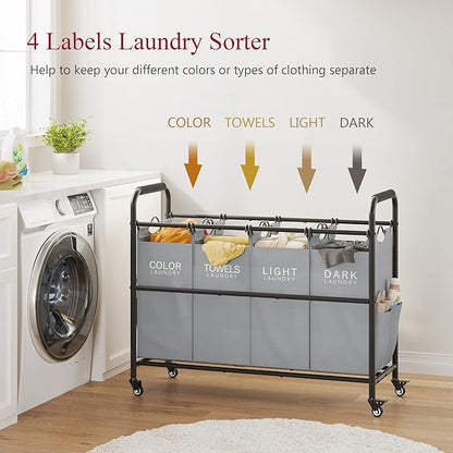 Tajsoon 4 Bag Laundry Sorter Cart, 4 Section Laundry Hamper Sorter with Heavy Duty Lockable Rolling Wheels, Laundry Separator Hamper with Removable Bags for Dirty Clothes Storage, Grey